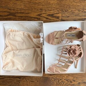 Jimmy Choo Nude Pink Strappy Heel Sandals with Floral Accent